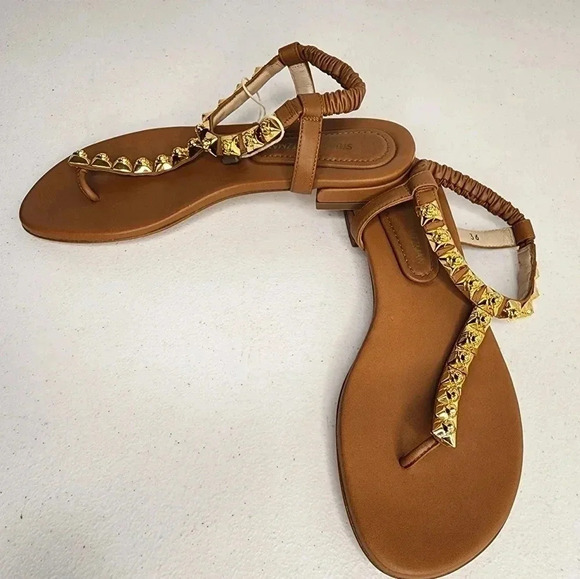 Stuart Weiztman Brown Leather Gold Rose Appliqué Thong Sandals Flats Size 36 - Picture 2 of 8